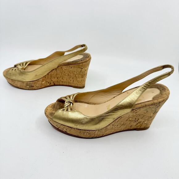 CHRISTIAN LOUBOUTIN Red Bottoms Gold Slingback Peep Toe Cork Platform Wedges - Picture 4 of 11